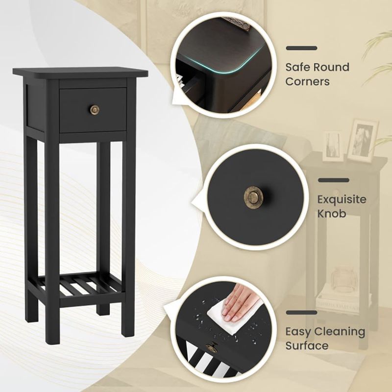 2 Tier Slim Nightstand Bedside Table With Drawer Shelf_voghion.com