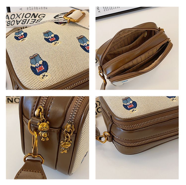Borsa a tracolla, vera tracolla larga in tela ricamata e pelle, piccola borsa quadrata monospalla, grande capacità._voghion.com