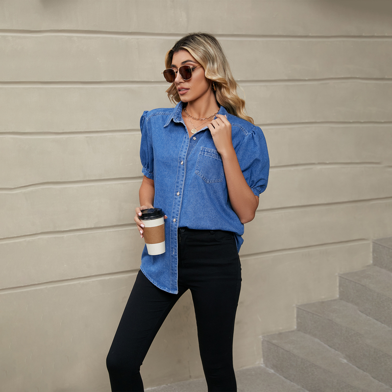 Versatile top casual da donna in denim sottile con colletto a risvolto e manica da principessa_voghion.com