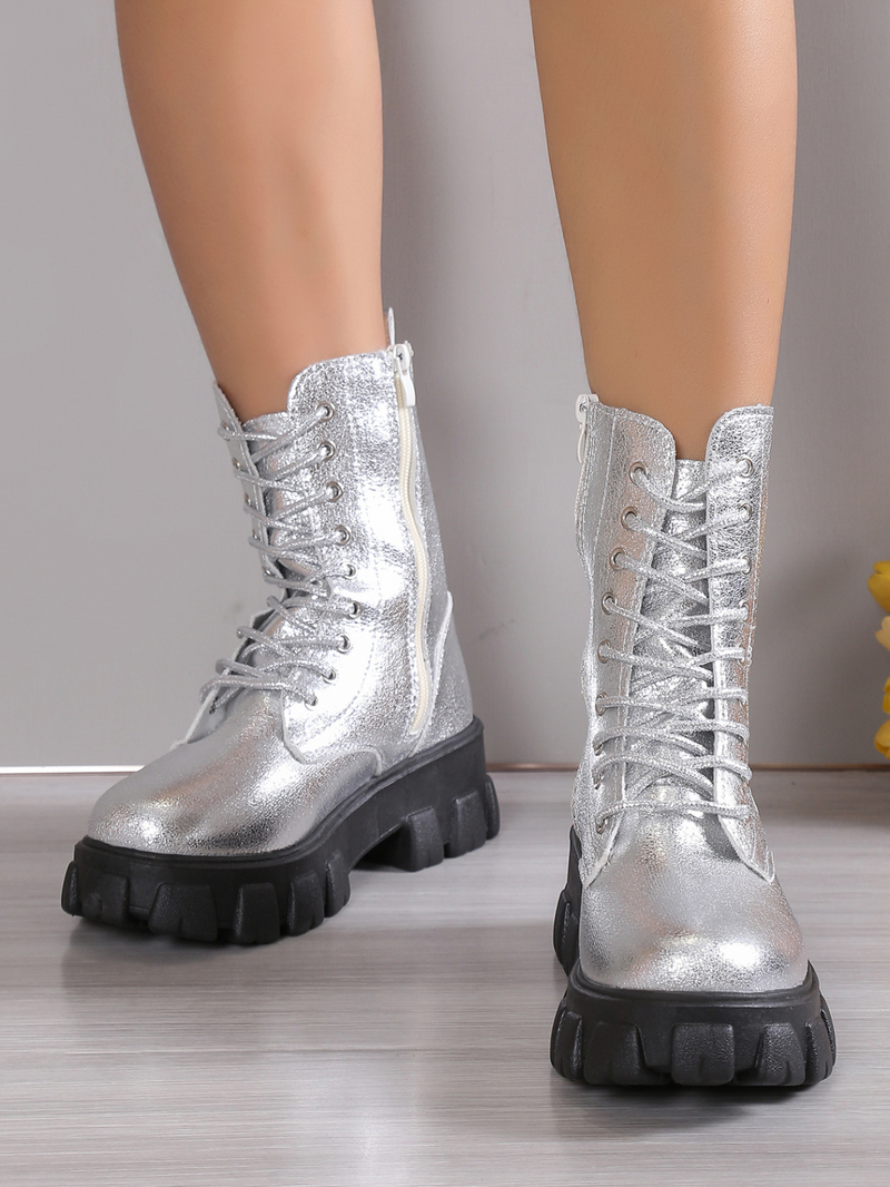 2024 Hot Sale Ladies Shoes Lace Up Women's Autumn Round Toe Solid Platform Water Proof Short Barrel Large Size Naked_voghion.com
