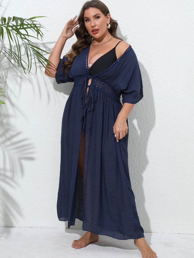 Damenmantel große Größe Damenbekleidung Spitze Spleißen Strand Bikini Oberbekleidung Riemen Sonnenschutz Strickjacke_voghion.com