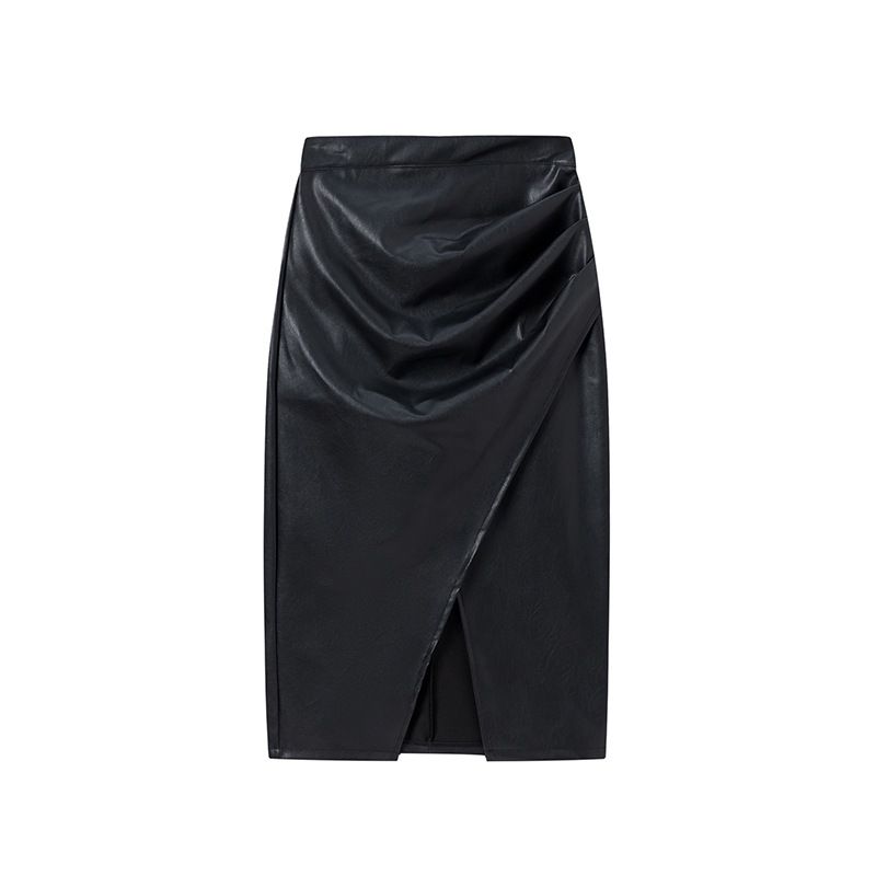Gonna a tubino in similpelle a vita alta da donna - Gonna midi aderente con spacco frontale (nero/marrone/beige, S/M/L/XL/2XL)_voghion.com