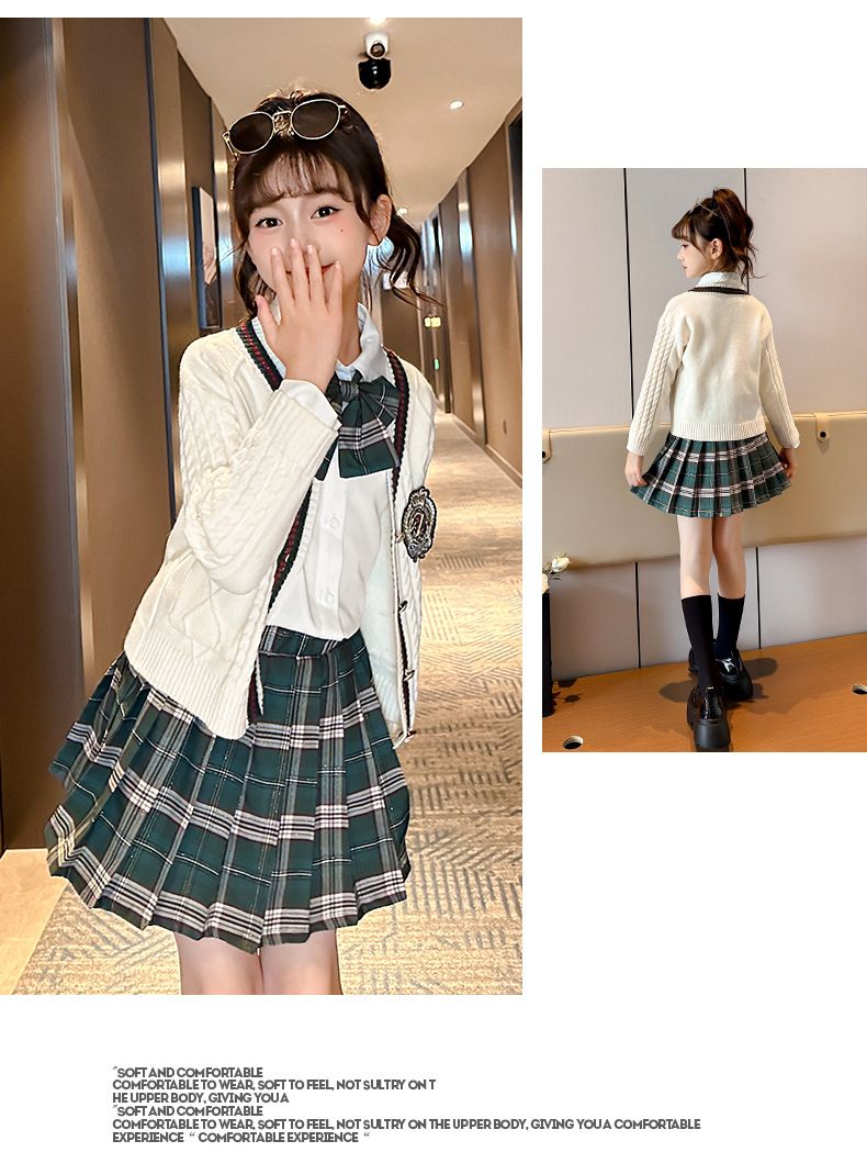 Frühlings- und Herbstanzüge für Mädchen von Zhongda, dreiteiliges Set für Kinder im College-Stil, Pullover, Strickjacke, Hemd, Faltenrock_voghion.com