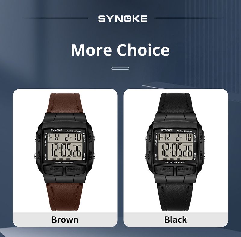 Men's Classic Retro Square Digital Sports Watch With Leather Strap, Waterproof, Multifunctional, Fashionable For Everyday Wear_voghion.com