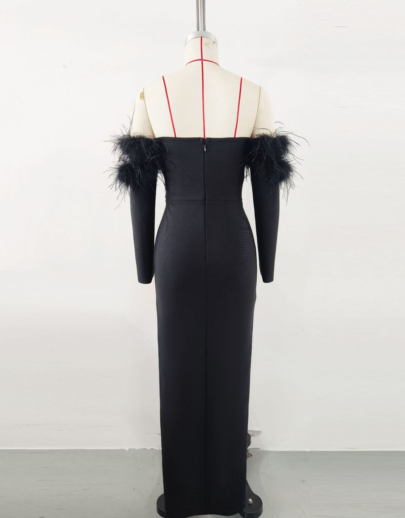 Elegant Off-Shoulder Bandage Dress With Ostrich Feathers & Rhinestones – Luxury Evening Gown For Parties & Special Occasions_voghion.com