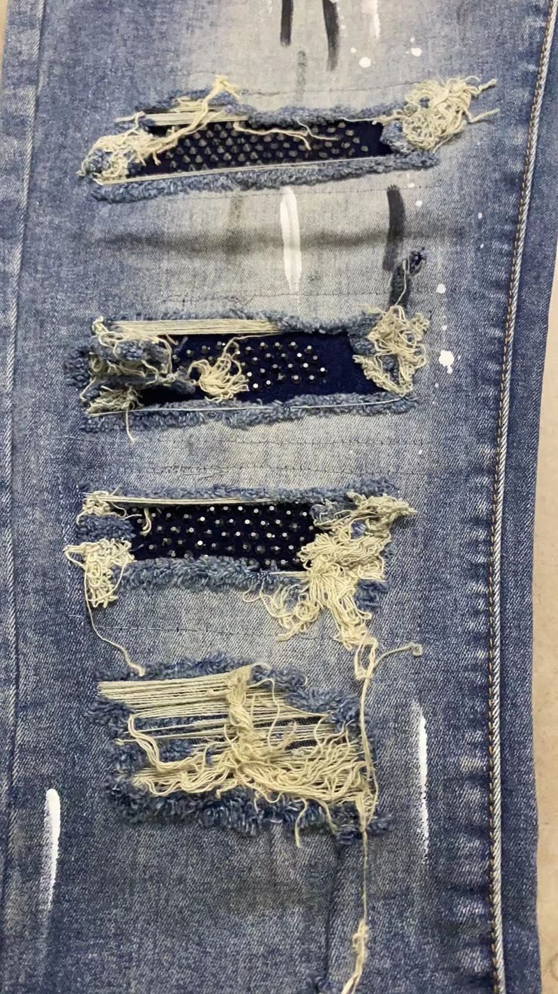 Herrenbekleidung High Street Diamond Splash Ink Wash Hole Patch Patchwork Hot Diamond Jeans Bettlerhose_voghion.com