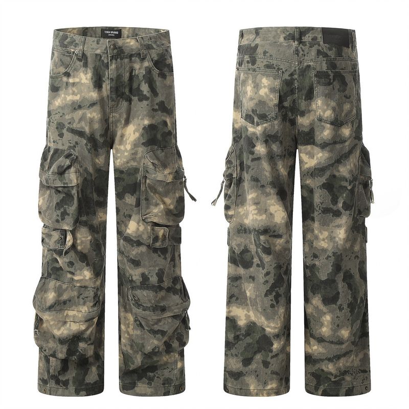 Clothing Mountain Outdoor Multi Pocket Workwear Tie Dye Camouflage Men's Trendy Functional Tactical Pants Loose Straight_voghion.com