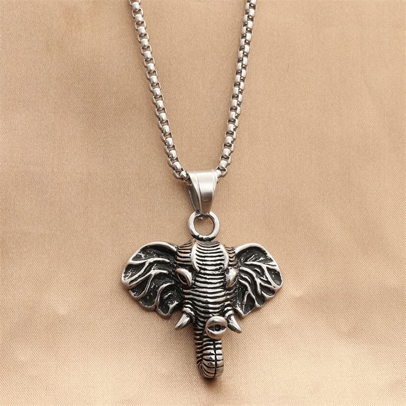 Mens Boys Animal Elephant Head Pendant Necklace Stainless Steel For Men Punk Retro Vintage Cool Father's Day Dad Gift_voghion.com