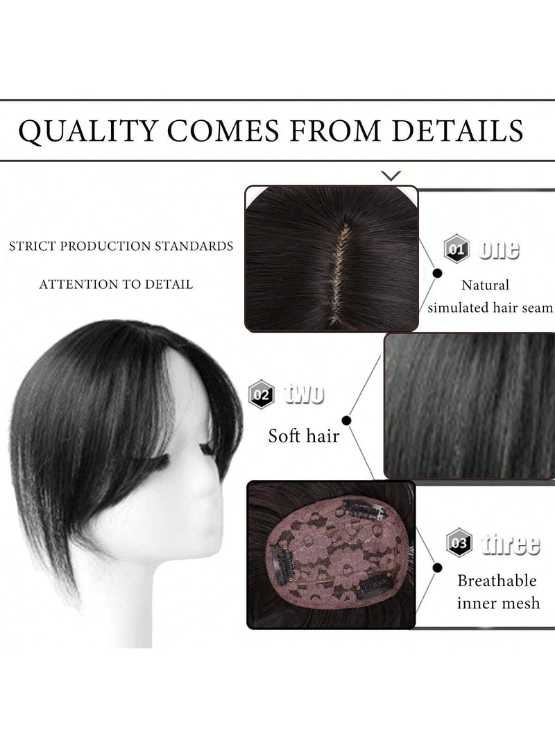 Toppa per parrucca con frangia nera, frangia finta sulla fronte naturale, toppa per capelli con spacco centrale sulla parte superiore_voghion.com