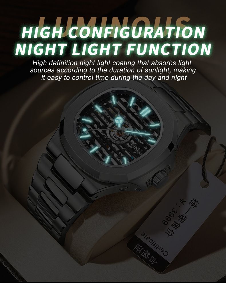 Montre homme d'affaires avec bracelet en acier inoxydable, aiguilles lumineuses, cadran squelette, mouvement automatique, étanche._voghion.com