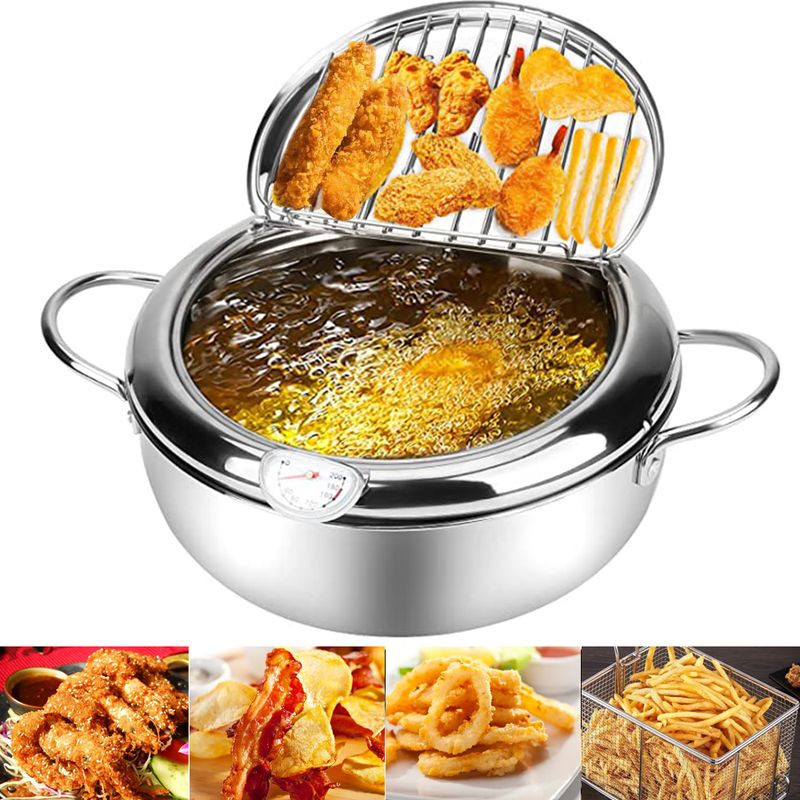 Fritéza s teploměrem a víkem, kuchyňská tempura fritéza z nerezové oceli 304, fritéza bez oleje_voghion.com