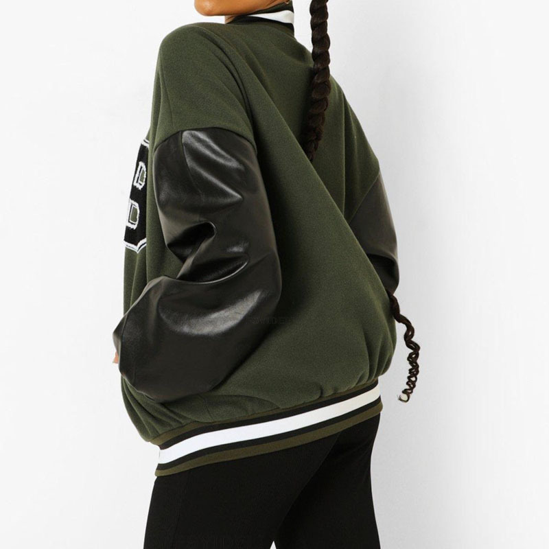 Chaqueta de béisbol engrosada de lana con letras para mujer_voghion.com