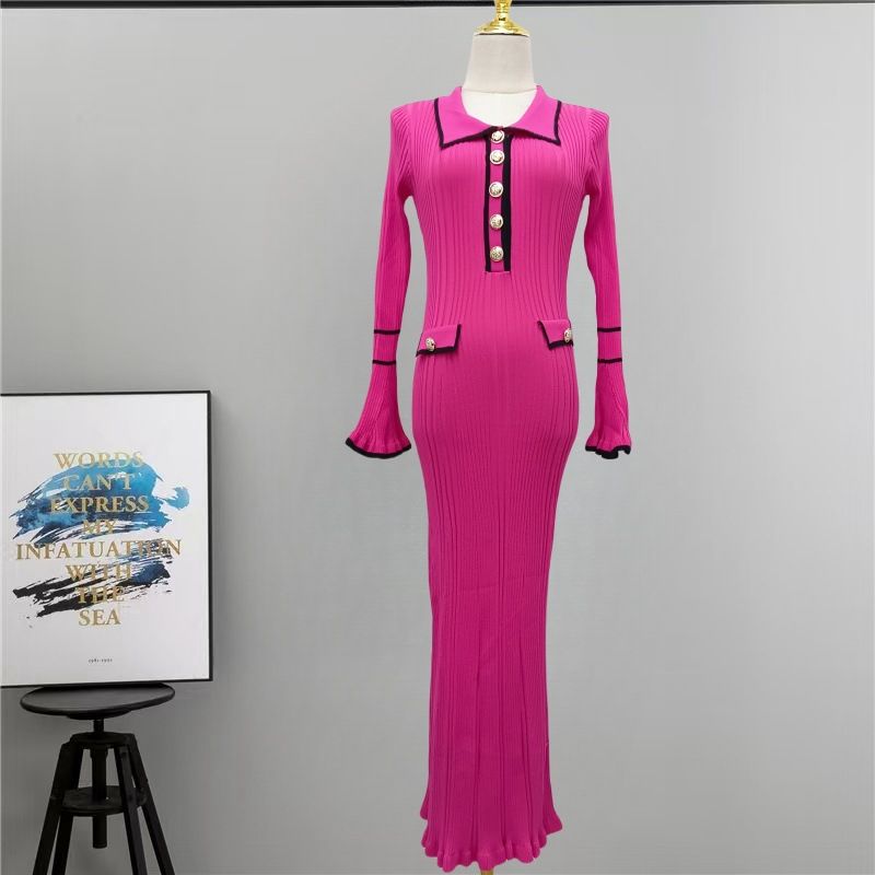 Inspired Strickkleid mit Babydoll-Kragen – X-Linien-Langarmkleid für Damen mit ausgestelltem Saum und Knopfdetail (S-XL, einfarbig, hohe Taille)_voghion.com