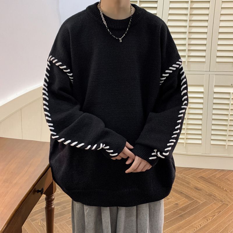 Contrast colored thread design, round neck men's base sweater, 2024 autumn/winter loose and versatile pullover knit top_voghion.com
