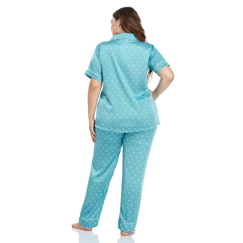 Kadın büyük boy buz ipek hırka pijama kadın ev elbise yaka kısa kollu pantolon iki takım_voghion.com