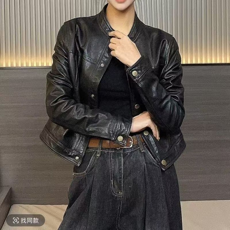 Veste Haining pour femme, style coréen, version courte, petite taille, col montant, veste de moto en cuir, printemps 2025_voghion.com