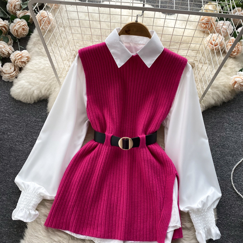 Set de două piese pentru femei, cămașă albă cu mâneci lungi și vestă din tricot despicat_voghion.com