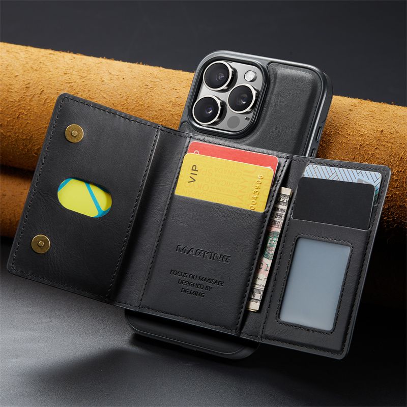 2 In 1 Wallet Card Case For Iphone 16 Pro Max 16E 15 Plus 14 13 12 Magnetic Wireless Charging Leather Phone Back_voghion.com