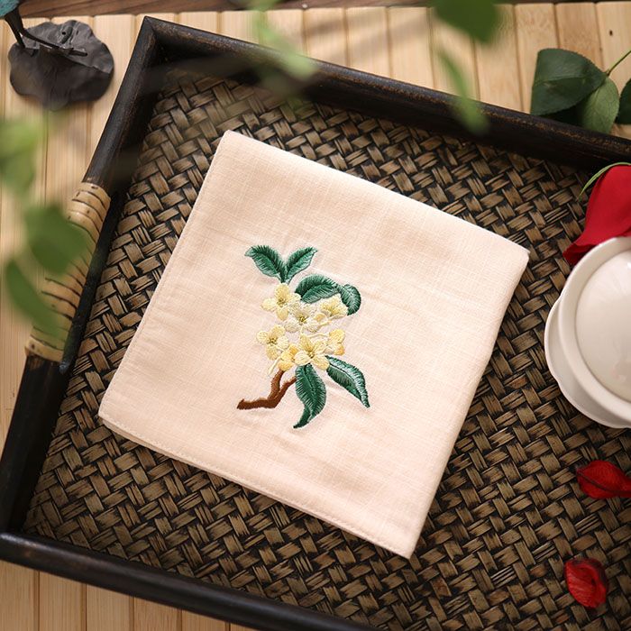 Besticktes Damen-Taschentuch aus 100 % Baumwolle, doppelt weich, im chinesischen Stil, besonderes Geschenk, schweißabsorbierendes kleines quadratisches Handtuch mit duftendem Osmanthus_voghion.com