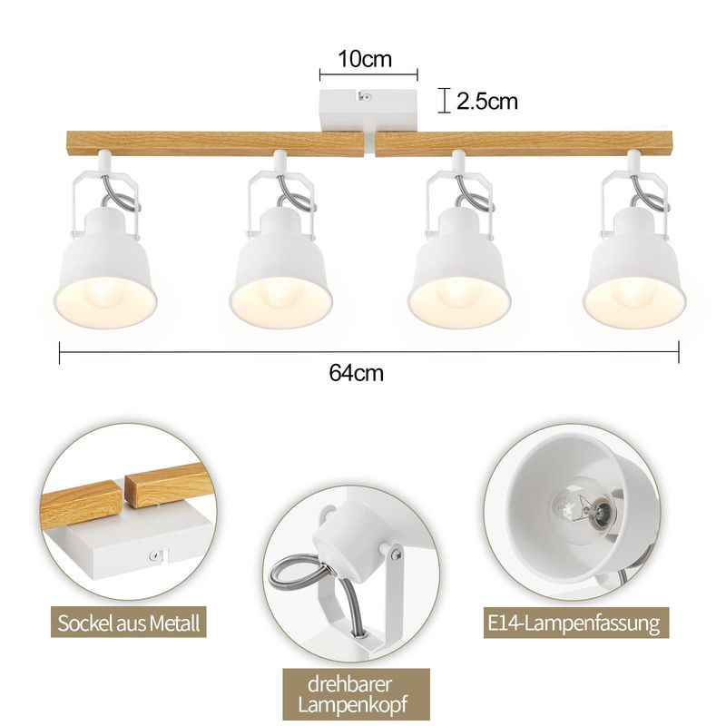 Glitzerlife Deckenstrahler 4 Flammig Weiß - Deckenlampe Schwenkbar 350° MAX.25W E14 Fassung Industrial Holzmaserung Spotbalken Für Wohnzimmer Schlafzimmer Büro_voghion.com