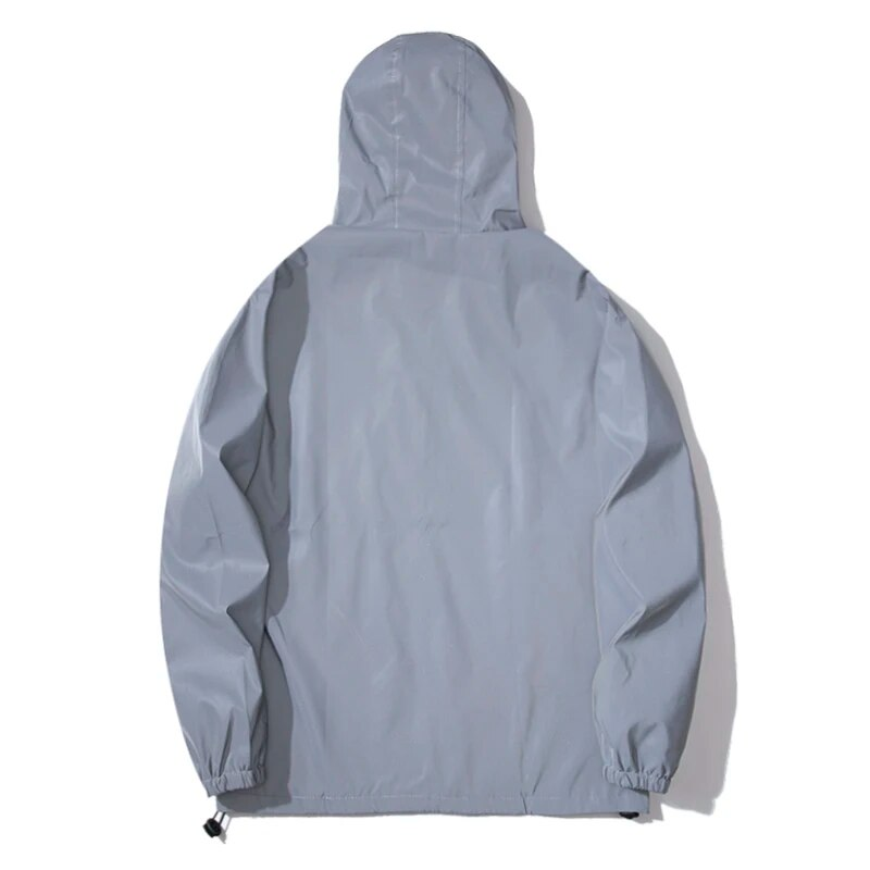 NUOVE TAGLIA Giacche riflettenti notturne in doppio tessuto Giacca a vento con cappuccio Uomo Hip Hop Ballerino Impermeabile Cerniera Cappotti Capispalla_voghion.com