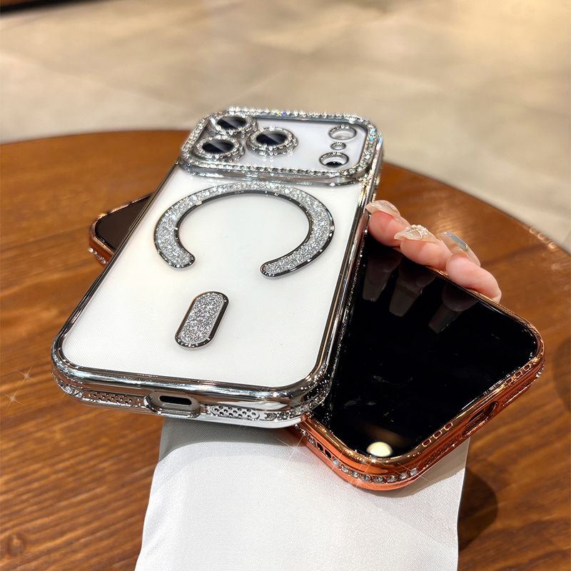 NEW Orange Luxury Sparkle Diamond Transparent Magnetic Case For IPhone 17 16 15 14 13 ProMax 17Air Full Lens Coverage Soft Cover_voghion.com