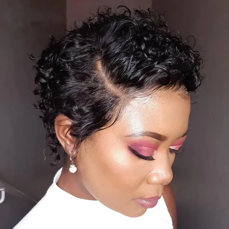 Peluca de cabello humano corto, rizado y con encaje frontal, corte pixie_voghion.com