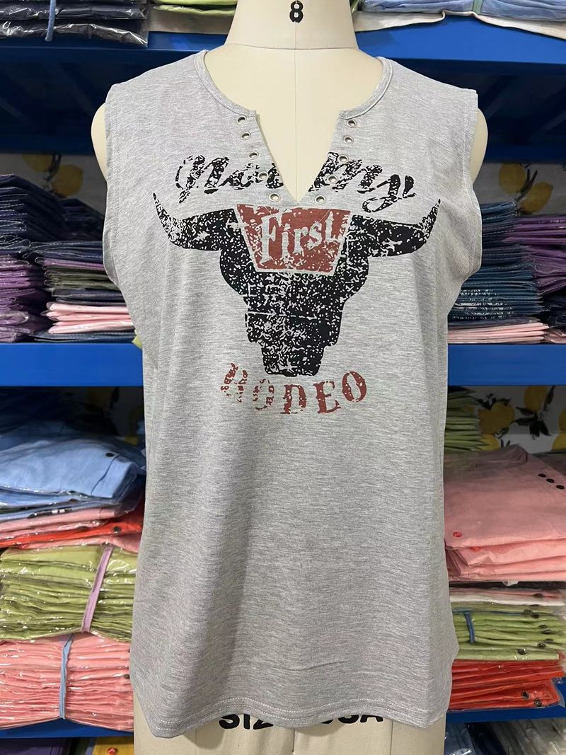 Women's clothing trade women's small vest hot-selling interesting letter printing fashion V-neck sleeveless T-shirt_voghion.com