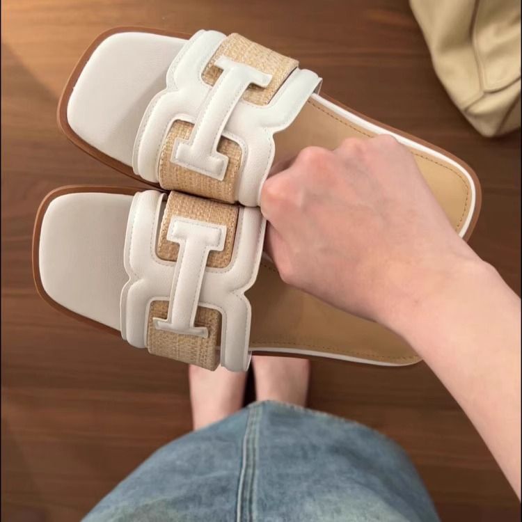 Versione in pelle di pecora ~ Sandali da spiaggia versatili alla moda in vera pelle da donna, con punta aperta, quadrati e colorati_voghion.com