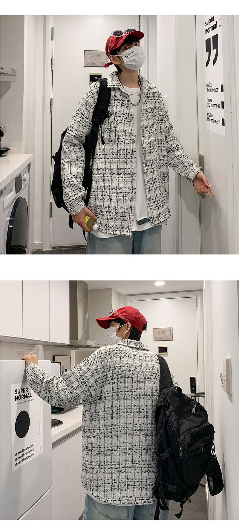 Pi Shuai Mantel Herren INS Trendy Plaid Strickoberteil Frühling und Herbst Koreanische lockere Freizeitarbeitsjacke_voghion.com