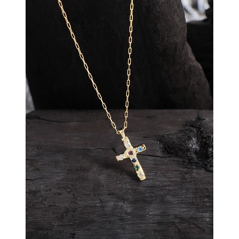 460 Korean Version INS Niche Light Luxury Design Sense Wrinkle Texture Cross Color-Block Zircon Necklace Pure Silver S_voghion.com