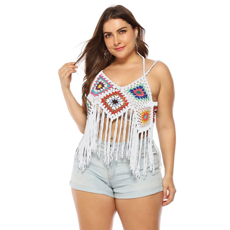 Plus size women's ethnic style random color contrast color long fringed patchwork camisole shirt strappy bikini top_voghion.com