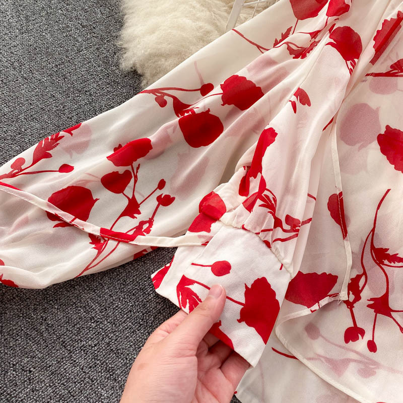 Chemise courte en mousseline de soie imprimée de style resort pour femmes, avec jupe fendue à bords d'oreilles funky, ensemble deux pièces tendance_voghion.com