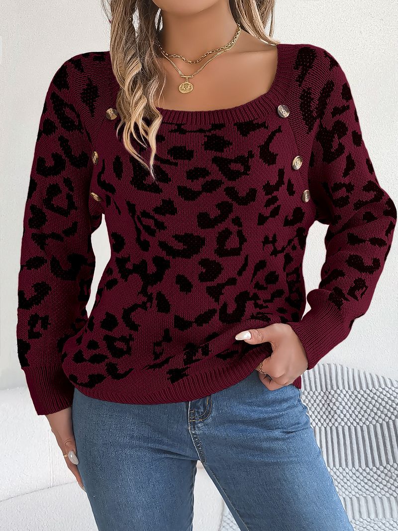 Maglione a maniche lunghe con stampa leopardata, a contrasto, con scollo quadrato, bottoni, casual, autunno e inverno 2024, abbigliamento da donna_voghion.com