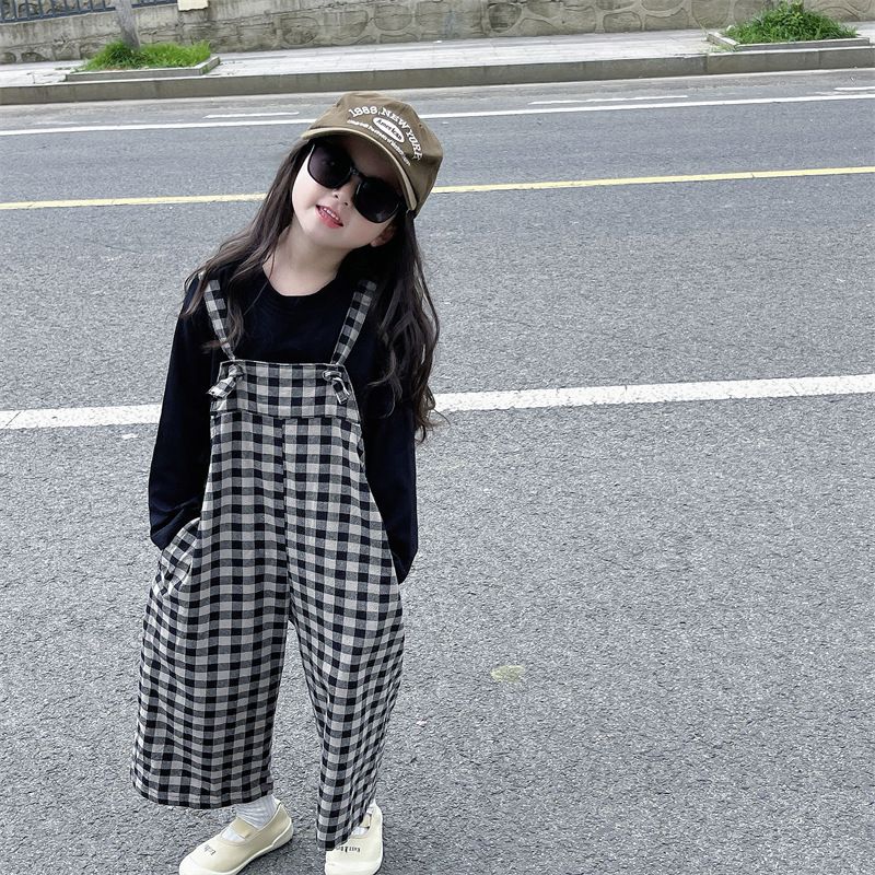 2024 Primavera Nuova Edizione Coreana Abbigliamento per Bambini Ragazze Tuta Aderente A Scacchi Con Gamba Larga Pantaloni Con Cinghia_voghion.com