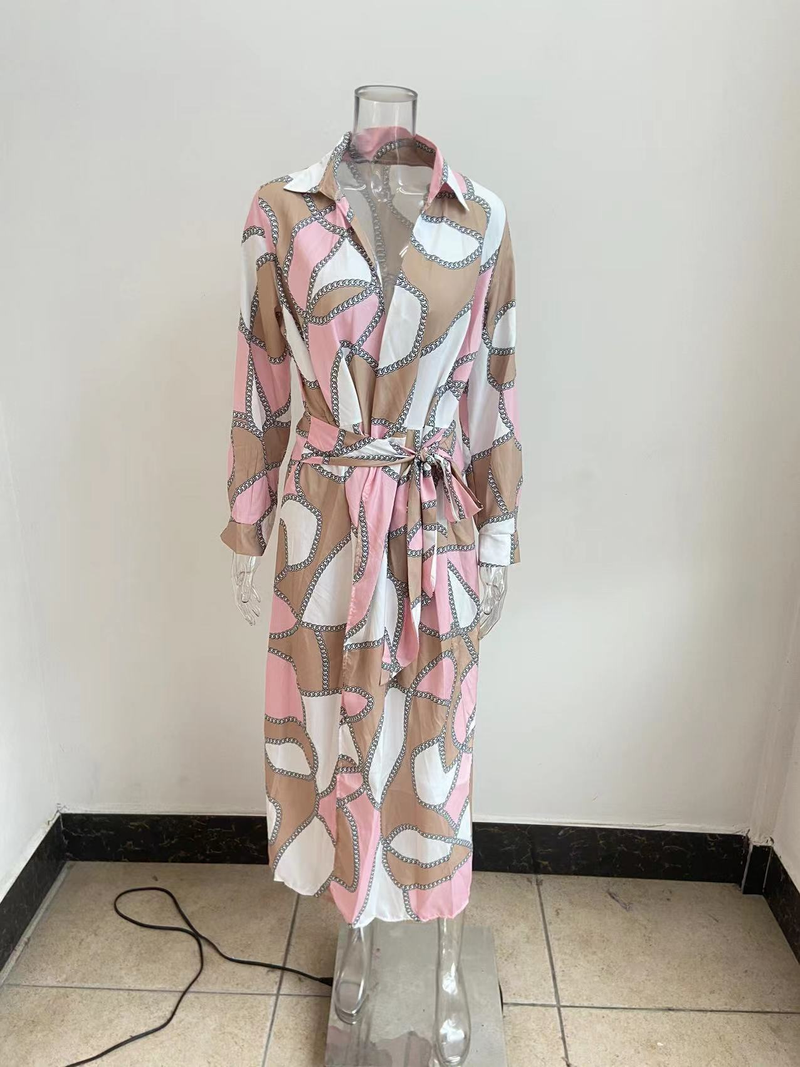 Abito da donna a righe di media lunghezza con stampa alla moda, colletto a camicia, allacciatura_voghion.com