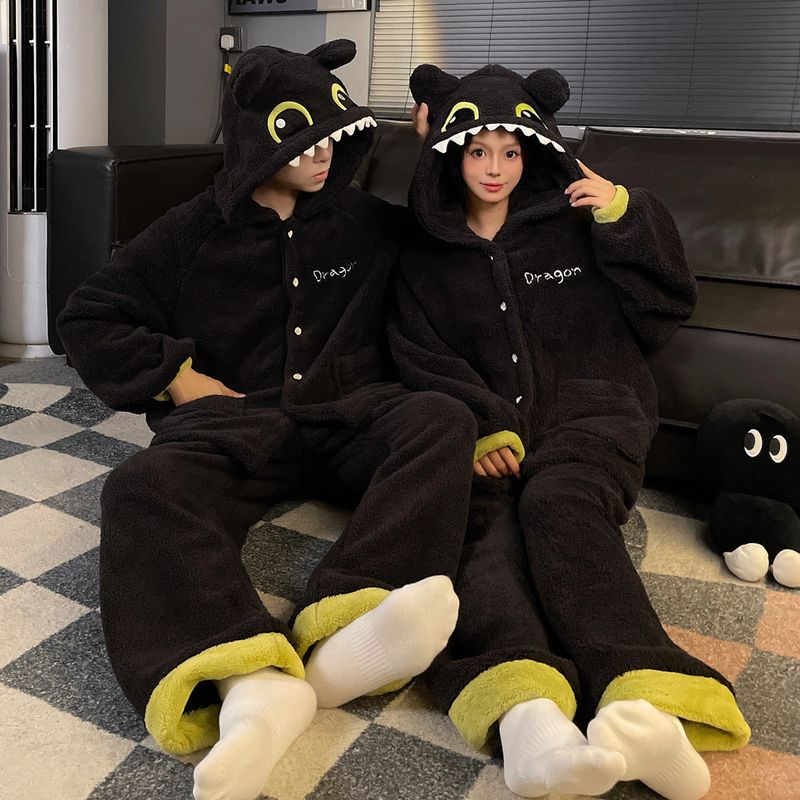 Toothless Couple Little Monster Long Winter Pajamas Cute Cartoon Plus Plush Thick Home Clothes Women's Set_voghion.com