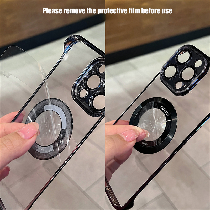 Cassa del telefono trasparente senza cornice placcatura per iPhone 14 Plus 13 12 Pro Max Hole per copertura di ricarica wireless magnetica Magsafe_voghion.com