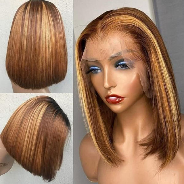 Parrucca Bob corta diritta Evidenziata parrucche frontali in pizzo trasparente per capelli umani per le donne Biondo miele Ombre Evidenzia parrucca in pizzo 13x4_voghion.com