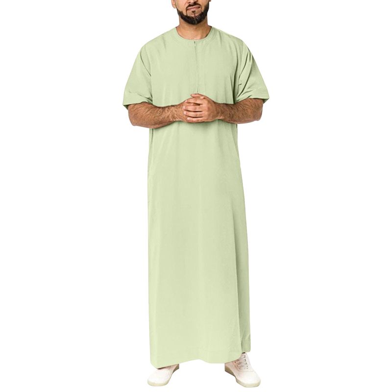 Modne męskie jednolite szaty w stylu saudyjskim z zamkiem błyskawicznym Jubba Thobe męskie abaje z krótkim rękawem i dekoltem muzułmańskie arabskie ubrania islamskie_voghion.com