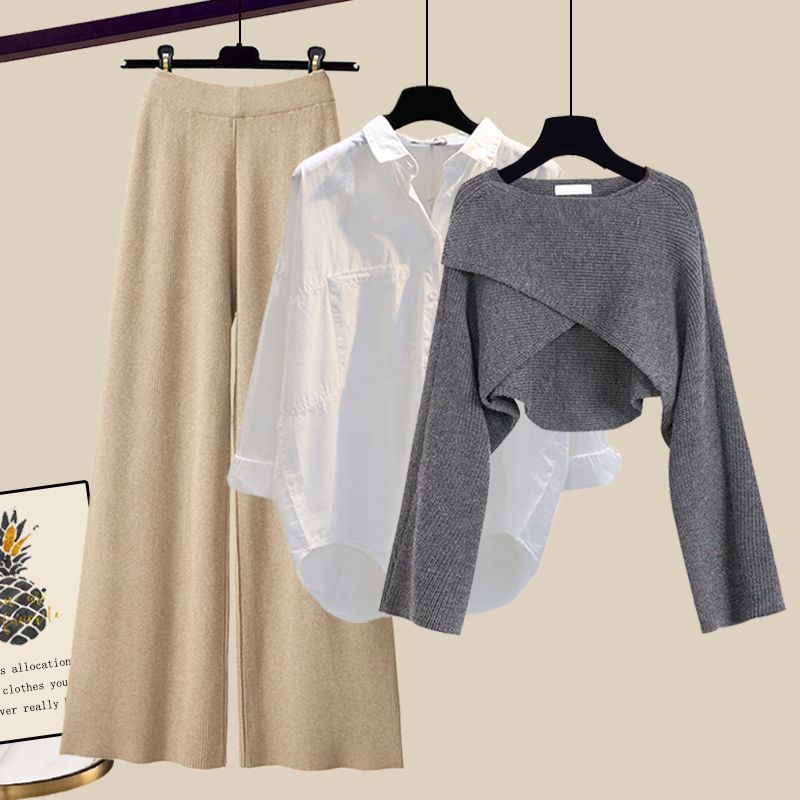 Women’s Clothing Fashion autumn suit women sweater women new large size women's shirt wide leg pants three piece knitted slim_voghion.com