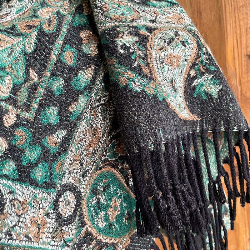 Sciarpa da turismo con fiori e frutta in stile etnico autunnale e invernale, da donna, in jacquard, con nappa, extra lungo, spesso_voghion.com