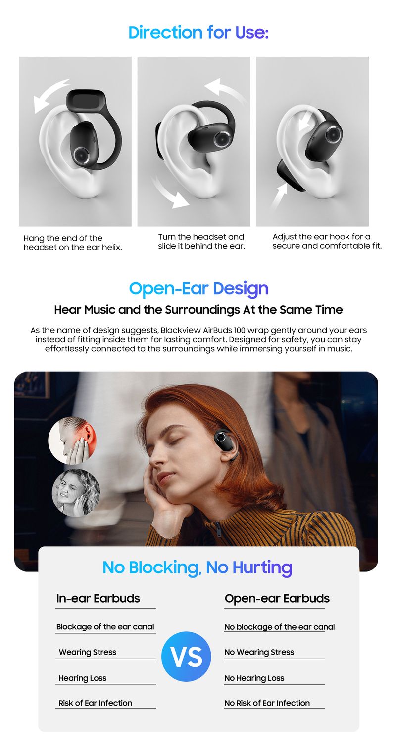 Blackview Airbus 100 Earphones Open Wireless, Sport Air Guided Bass ENC, TWS With Microphone 500mAh IP68_voghion.com