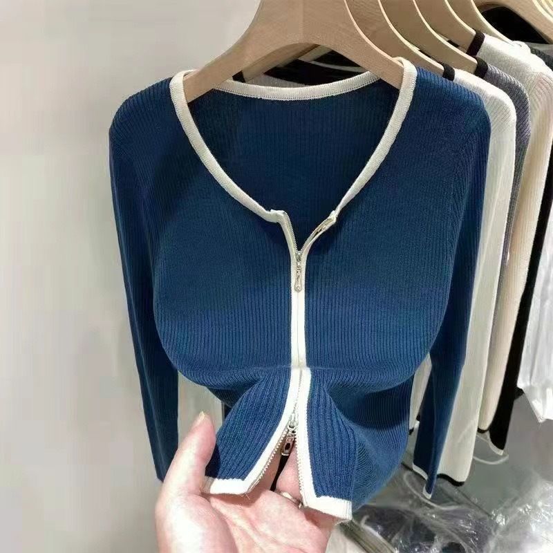 Academy-Style Zip-Up Knit Cardigan - Slim Fit Long Sleeve Layering Tee (5 Classic Colors, One-Size)_voghion.com