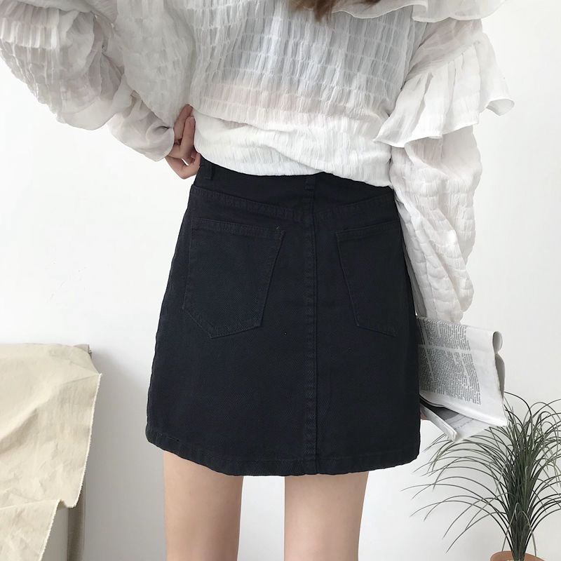 INS Black Half 2024 New Spring/Summer Korean Version Versatile High Waist A-line Wrapped Hip Denim Short Skirt for Women_voghion.com