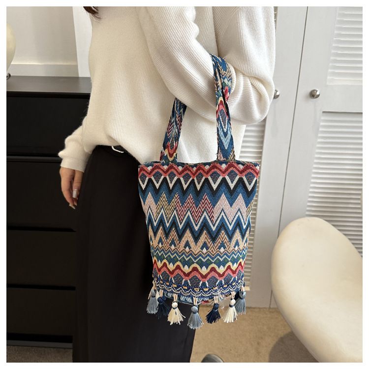 Borsa a secchiello da donna, elegante e semplice, con nappa, borsa a tracolla etnica, borsa per il tempo libero da donna, borsa a secchiello da donna_voghion.com
