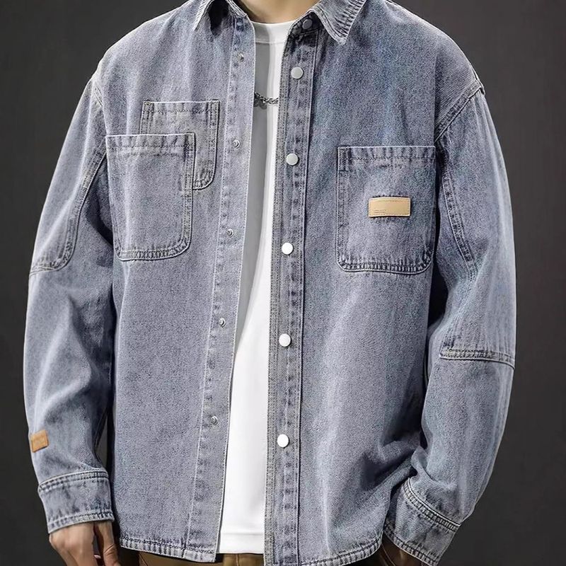 Camicia in denim lavato retrò con giacca da lavoro ampia e fresca in patchwork da uomo_voghion.com