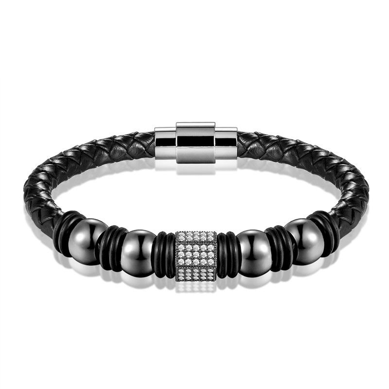 Pulseira masculina de couro trançado com zircônia dupla camada, versátil para mulheres_voghion.com