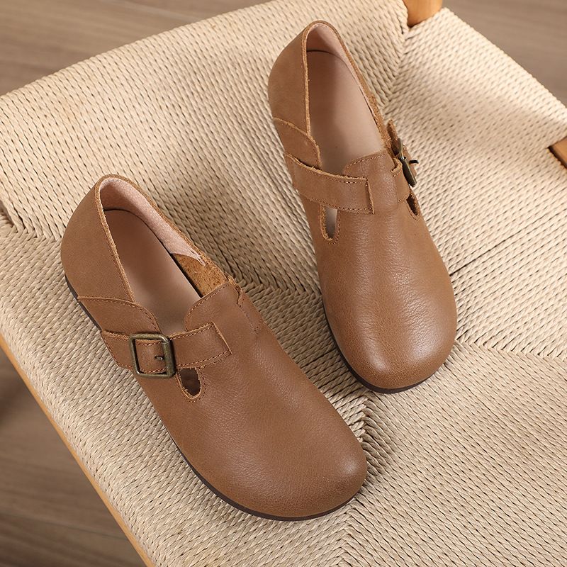 Scarpe casual da donna in vera pelle con punta rotonda, stile New Forest, estive 2025, pigre e piatte, modello primo strato, 2106-3_voghion.com