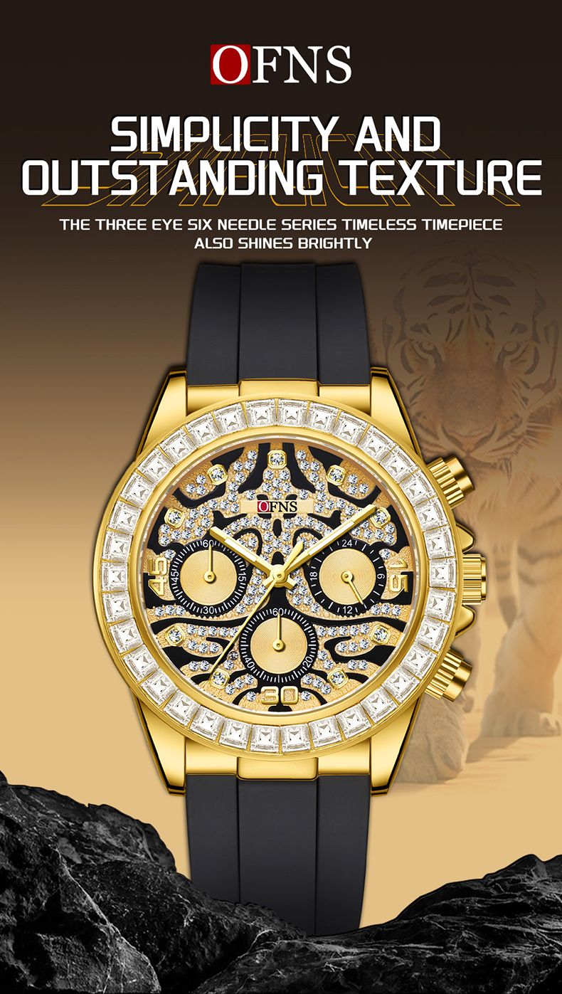 Luxe herenhorloge met drie wijzers en zes wijzers, diamantaccent en tijgerstreepdesign, retro-stijl quartzhorloge, waterbestendig tijgerpatroon quartz_voghion.com